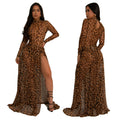 C7308 cross-border   fashion women's sexy leopard print long sleeve slit dress
