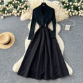 French chic mature woman's high-end v-neck long sleeve patchwork tie-waist dress - elegant inner layer maxi dress