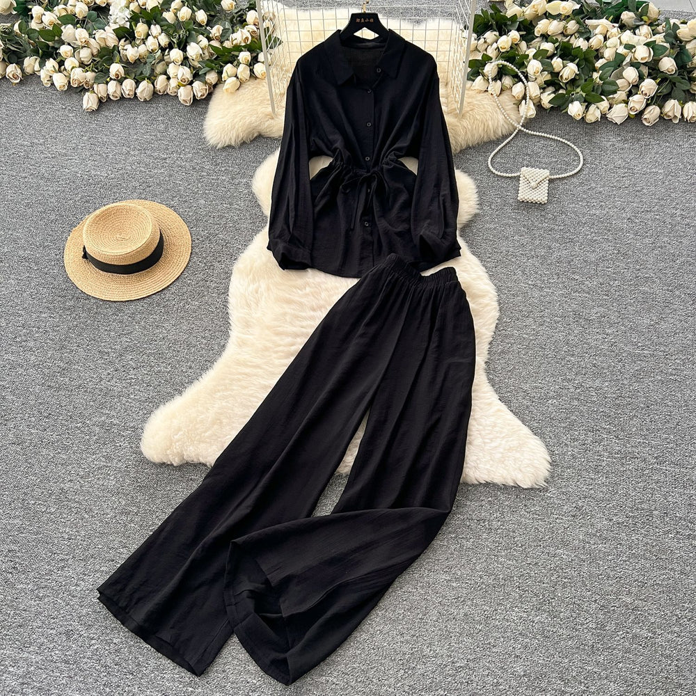 Light mature style wear women's summer wear sense of design drawstring straps waist long sleevesshirt high waist wide leg straight-leg pants suit