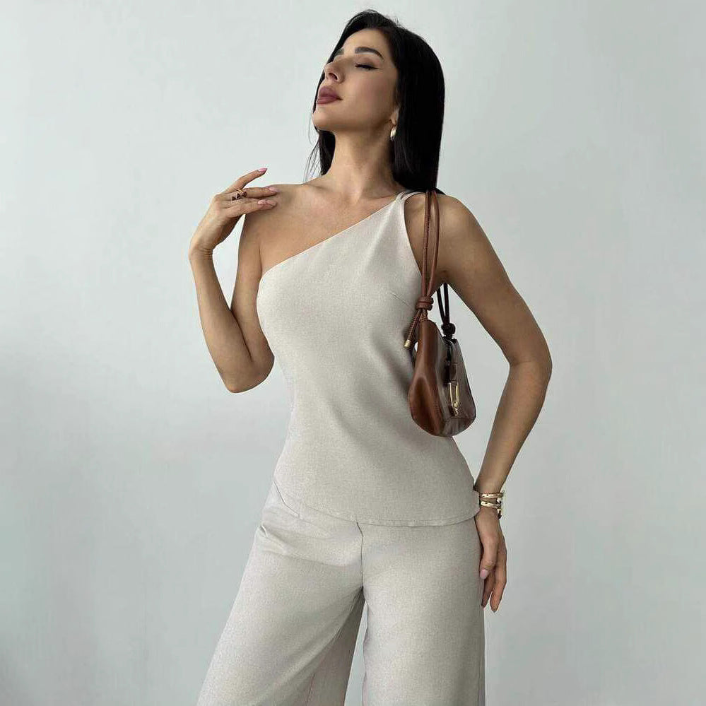 european and american cross-border summer new arrival: asymmetrical ruffle backless top and high-waisted pants two-piece set for women