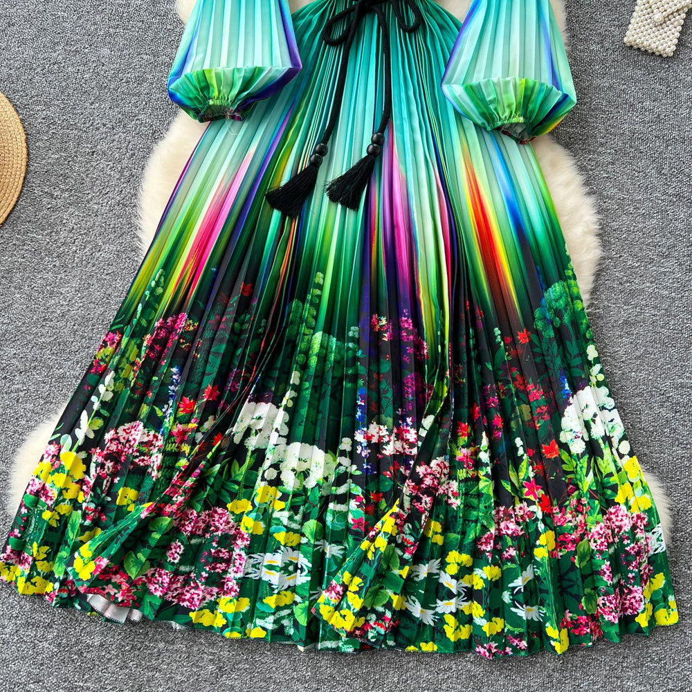 European and american niche style printed dress - women's new autumn collection - tie-waist, lantern sleeves, pleated, maxi dress with a-line skirt