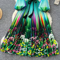 European and american niche style printed dress - women's new autumn collection - tie-waist, lantern sleeves, pleated, maxi dress with a-line skirt