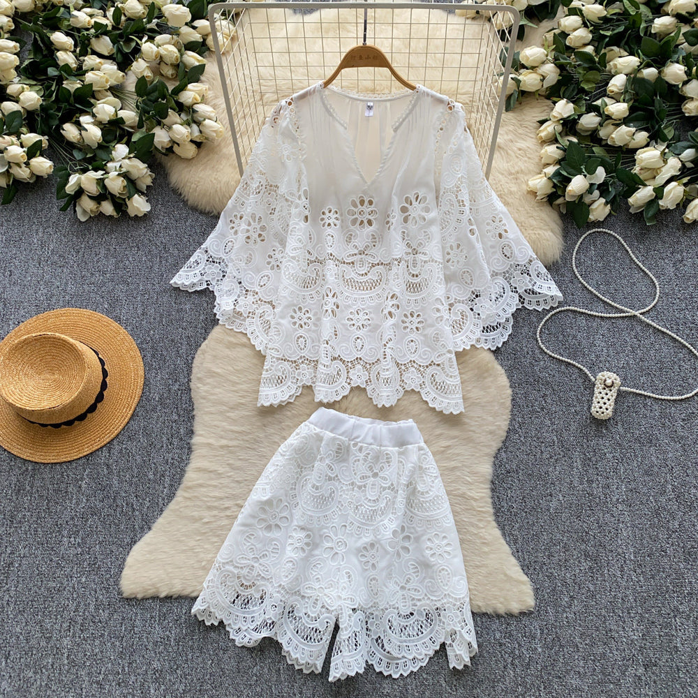 Frenchretrocut outlaceeleganttwo-piece set women's summercut outlazyslimming lookhigh waistsuitwork clothing style