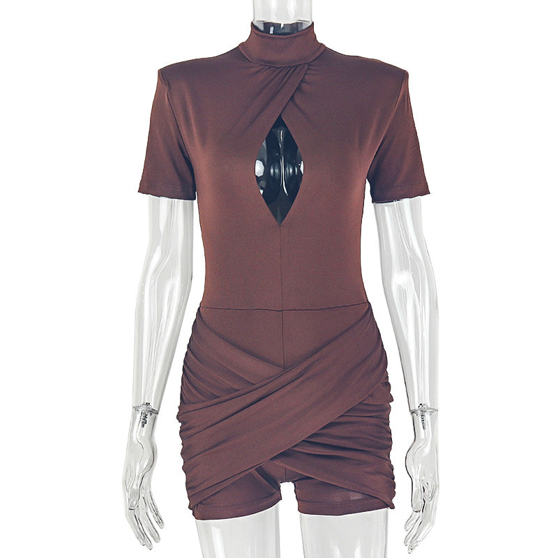 European and american style solid color slim-fit women's short-sleeve jumpsuit - streetwear romper with cutout design, round neck, and ruched detail - trendy bodysuit