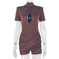 European and american style solid color slim-fit women's short-sleeve jumpsuit - streetwear romper with cutout design, round neck, and ruched detail - trendy bodysuit