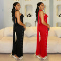 C7626 cross-border   fashion women's elegant bandeau dress set with rhinestone embellishments and ribbon detail