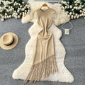 Korean style commute-friendly sleeveless knit dress - women's summer round neck high waist tassel maxi dress - slimming a-line skirt
