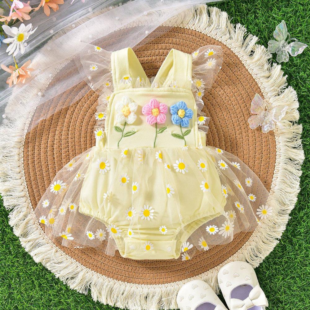 Baby girl party outfit cute suspender three flowers patchwork mesh one-piece dress