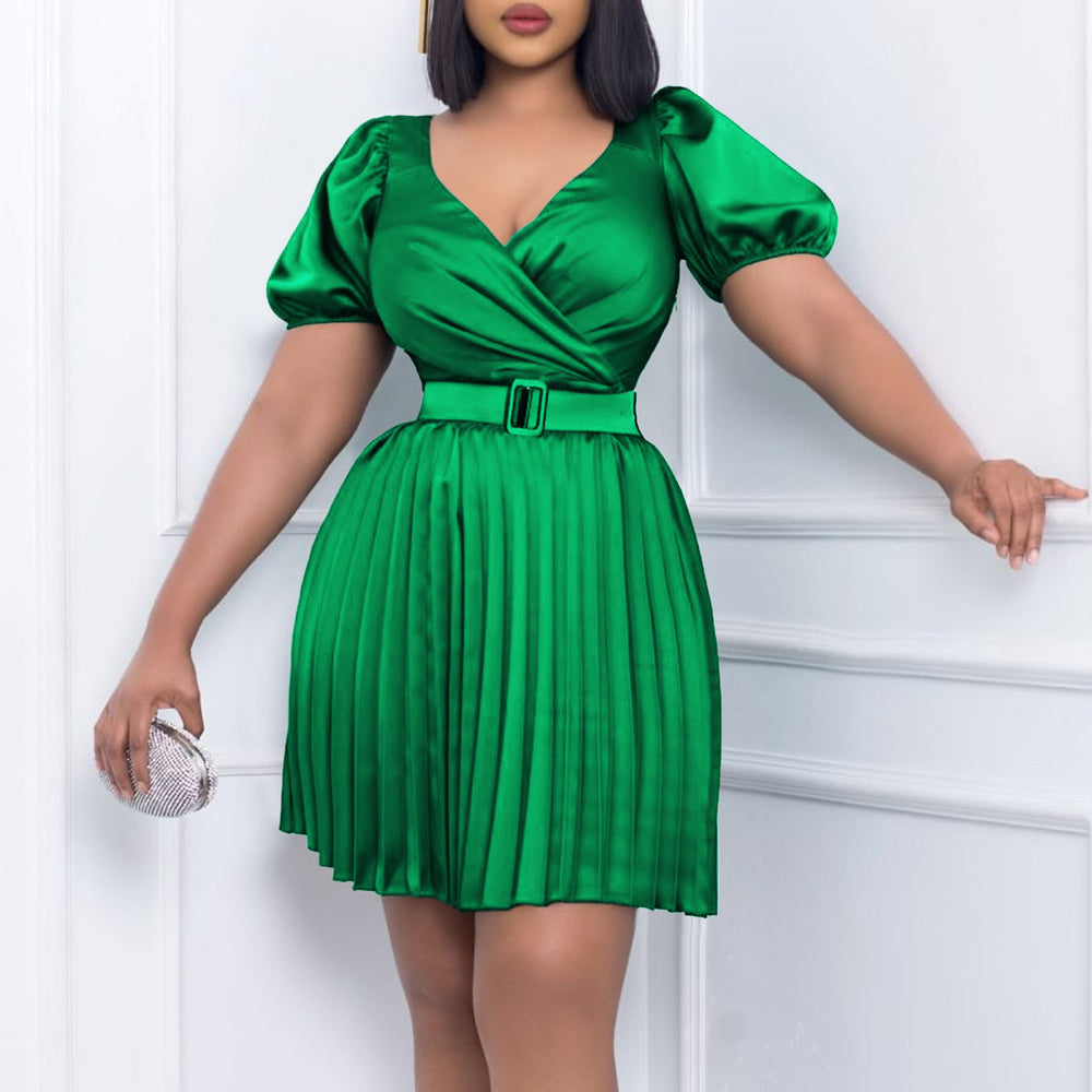 D3227  independent station cross-border fashion women's summer new v-neck waist pleated european and american dress