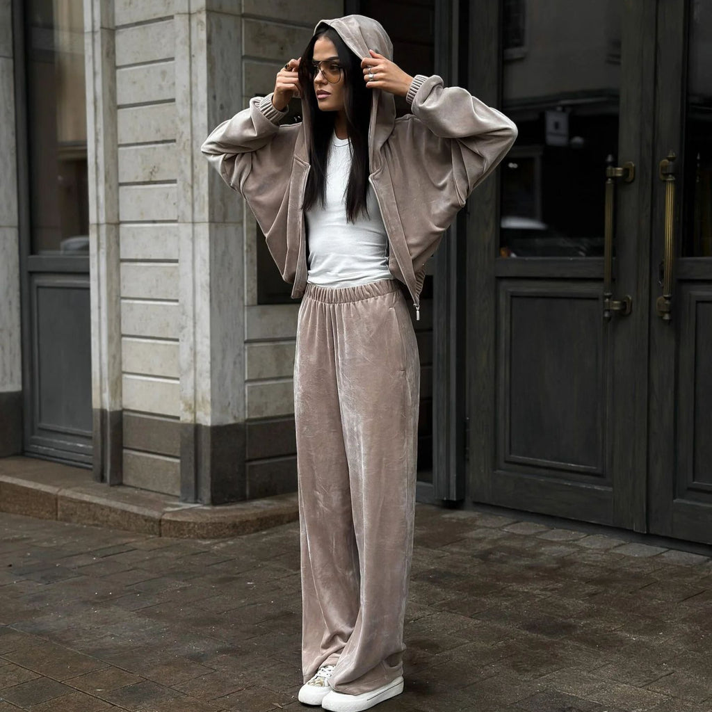 Cross-border independent station velvet hooded cardigan trousers women's two-piece set long-sleeved jacket pendant straight mopping trousers set