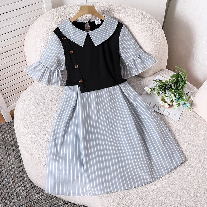 Children's clothing  spring and summer new arrival cross-border girldresscasualstripes lapel patchwork short-sleeved waist shirt skirt