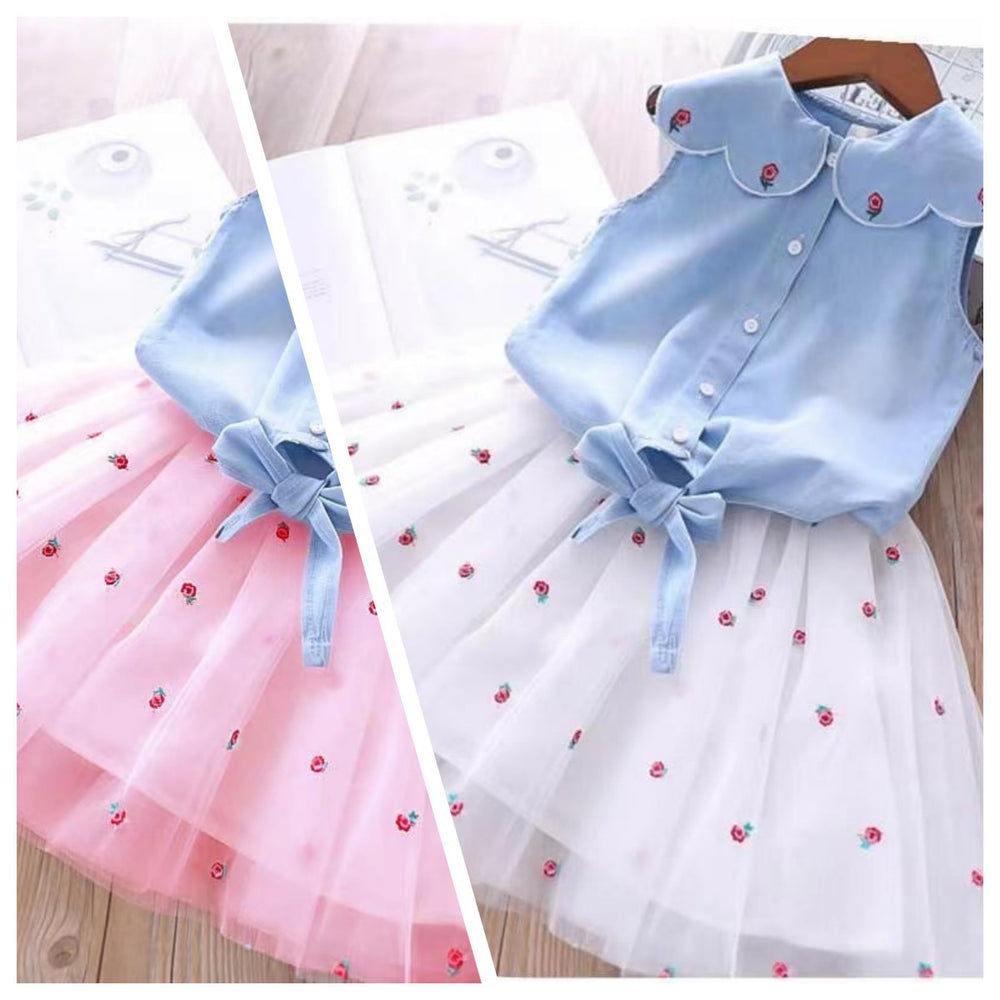 Summer new girls' denim embroidered turn-down collar top + princess mesh skirt two-piece set - direct from the manufacturer
