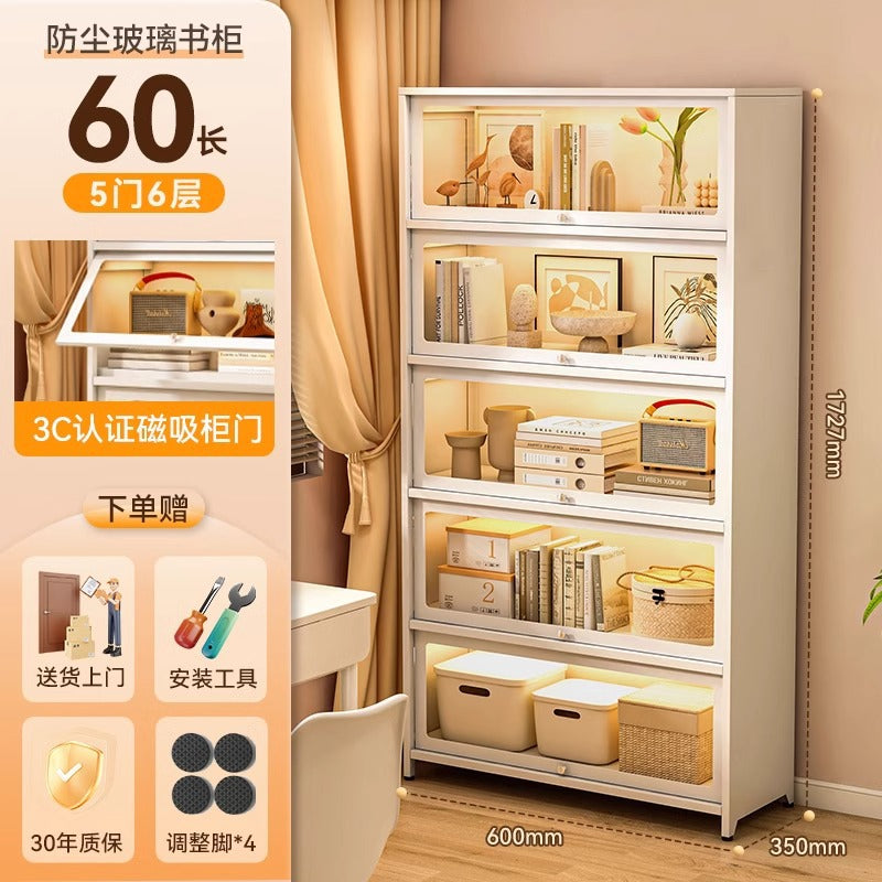 Steel bookcase with glass doors, kids' bookshelf, home living room storage cabinet, dustproof display cabinet, iron art shelf