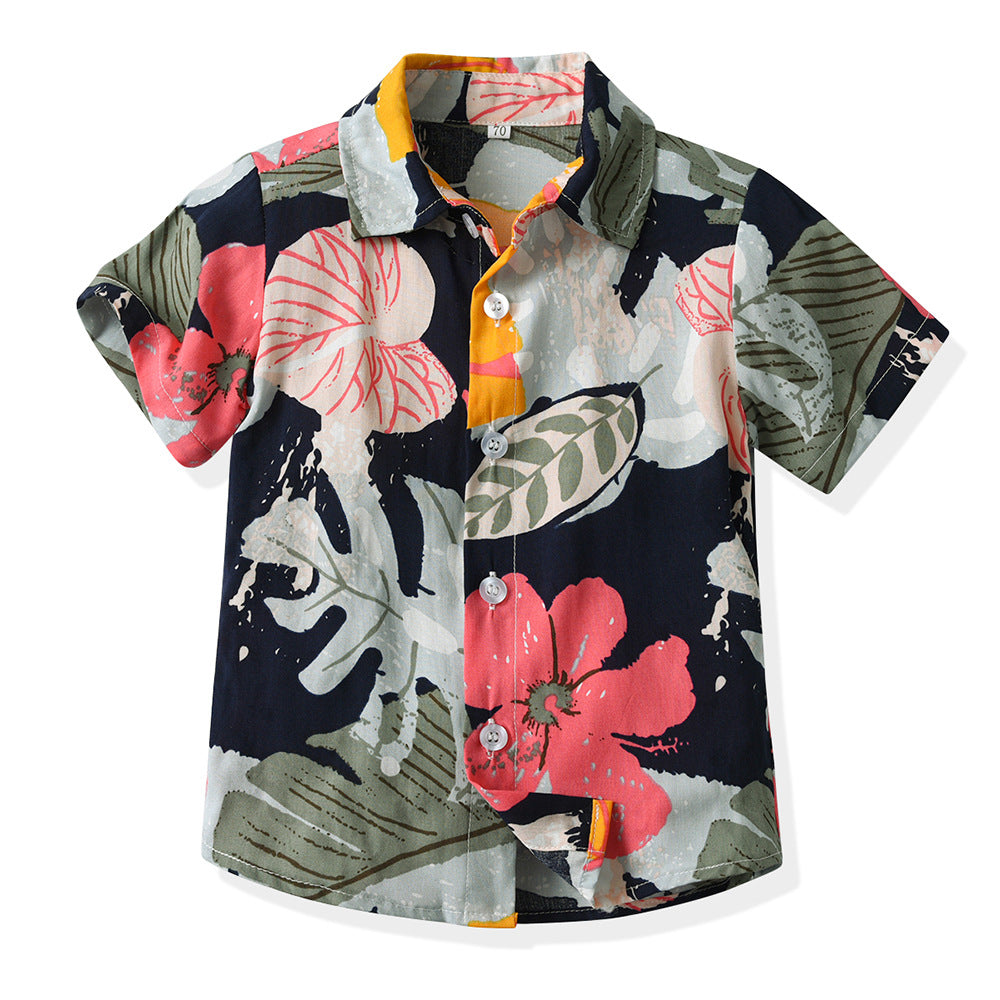 European and american cross-border children's clothing: dad & son vacation outfit, family matching beach style short-sleeve boy's floral shirt