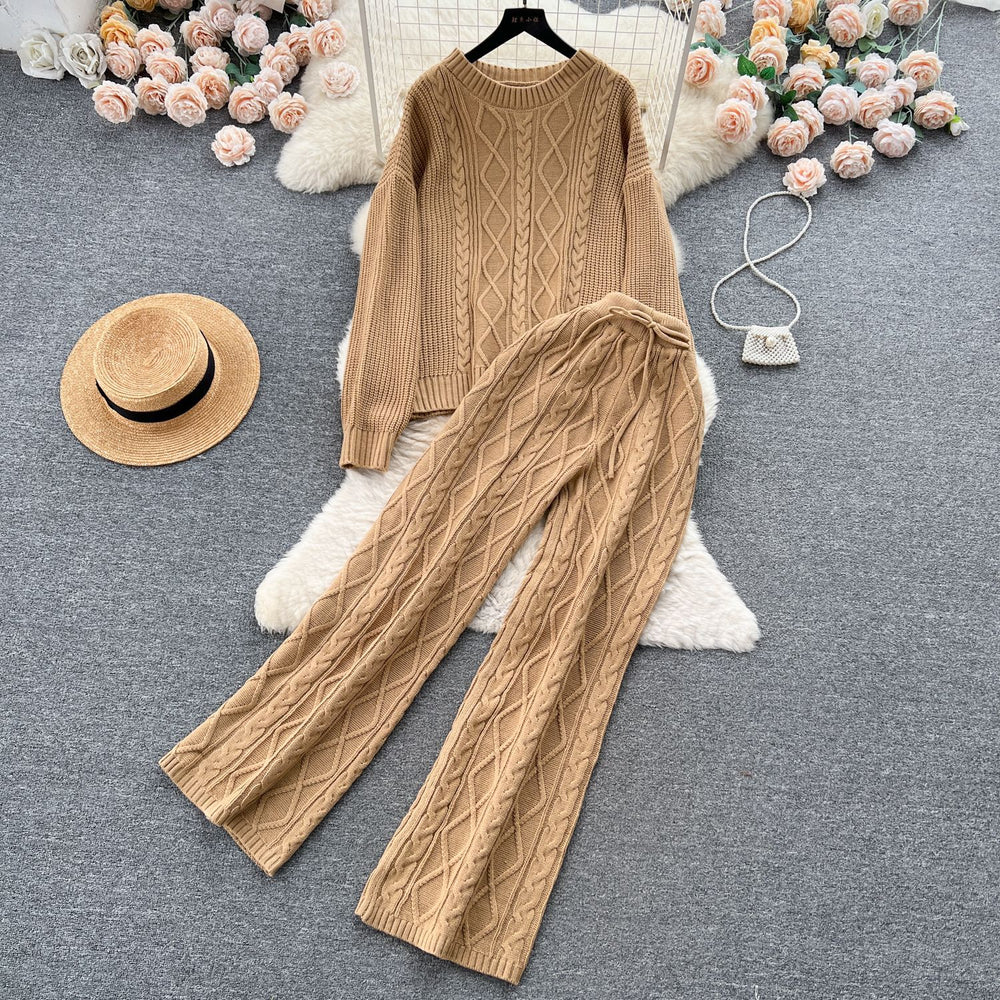 Fashionsuit women's french gentle style loosecable stitchsweatersweaterhigh waistslimming lookdrapedpantstwo-piece set