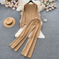 Fashionsuit women's french gentle style loosecable stitchsweatersweaterhigh waistslimming lookdrapedpantstwo-piece set