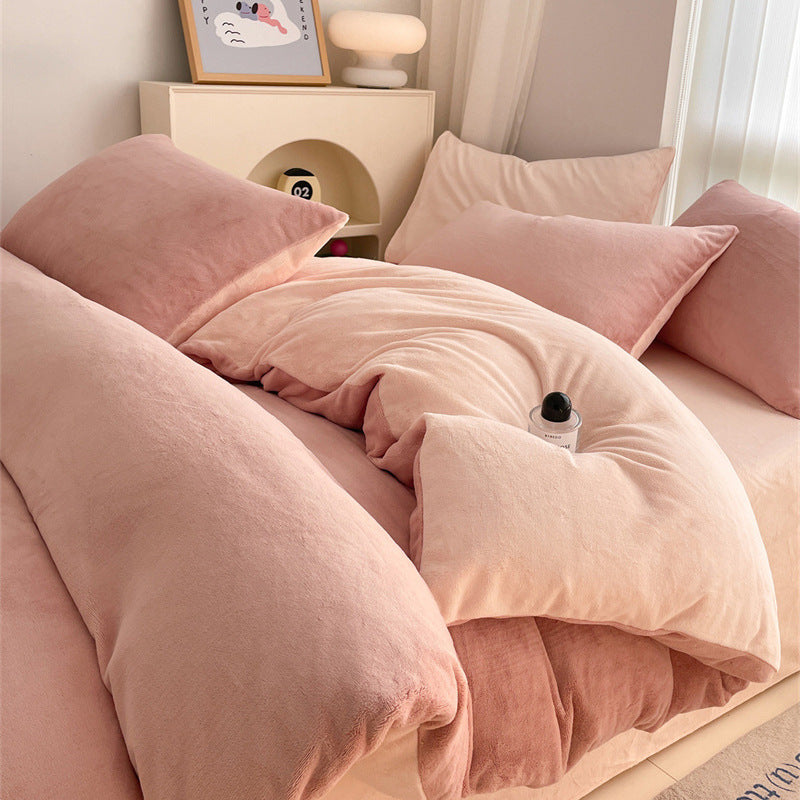 Solid color milk fleece four-piece set, winter thickened coral fleece bed sheet quilt cover, Nantong flannel bed three-piece set