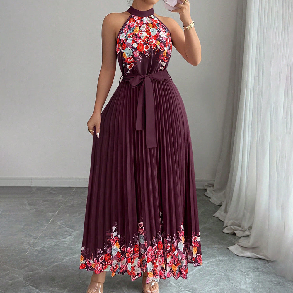 European and american cross-border women's summer  elegant halter neck tie waist floral print pleated maxi swing dress