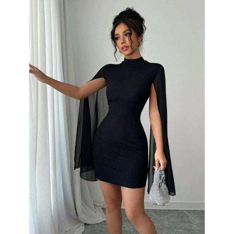 Women's black stand collar cape sleeve bodycon sheer mesh sleeve bodycon dress, women's fashion sexy apparel