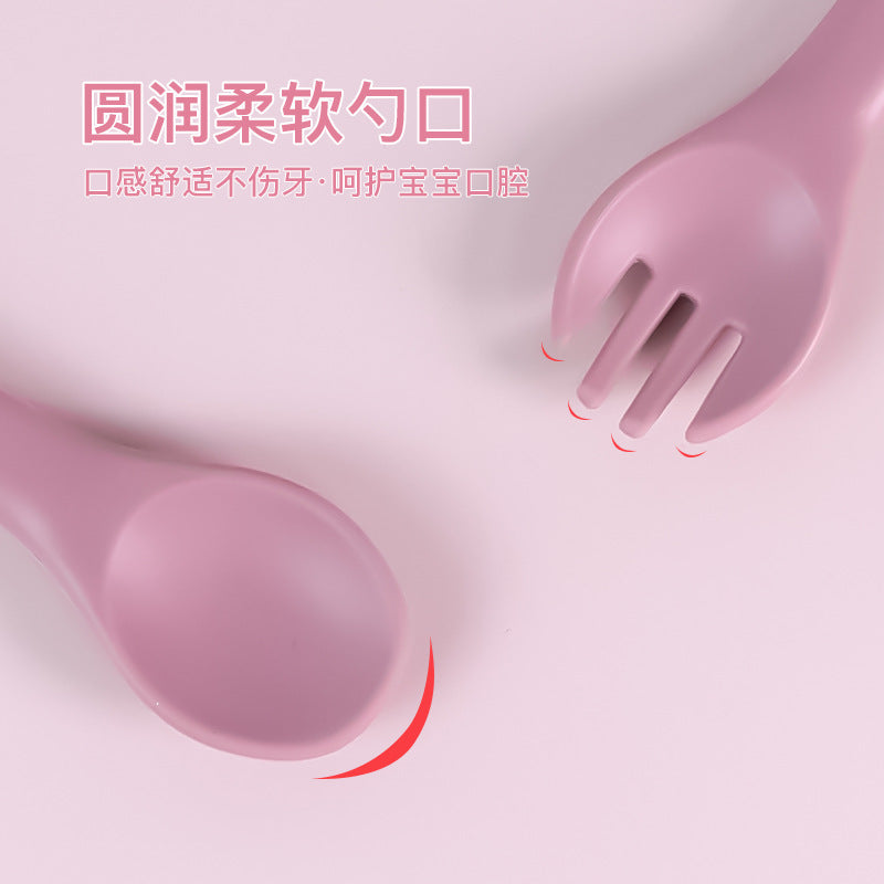 Children's fork and spoon Silicone soft spoon Baby independent eating training spoon Straight handle fork and spoon set Supplementary food feeding tableware