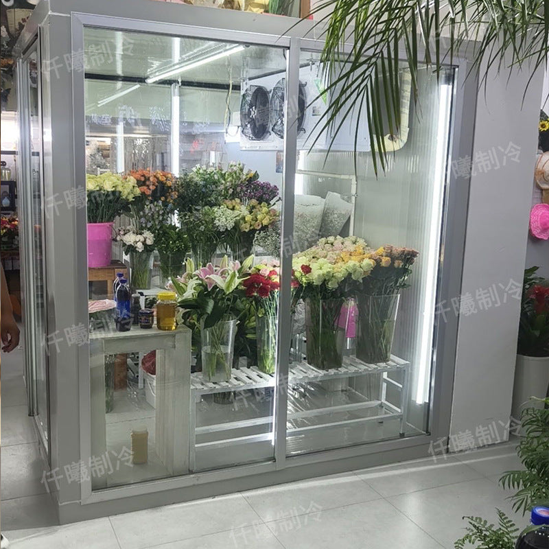 Complete glass cold storage system for flowers: professional glass conservatory, refrigerated flower display case, and air-cooled showcase for florists