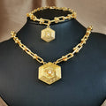 18k gold-plated medusa pattern jewelry set - hexagon pendant necklace, earrings, bracelet, and ring four-piece set