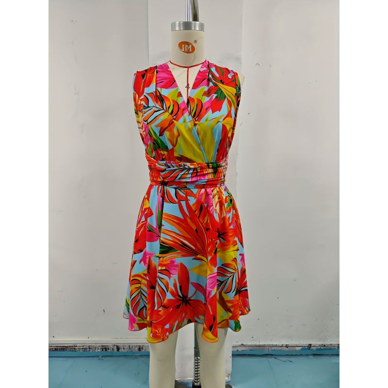 Aliexpress cross-border original design: women's fashionable sleeveless backless printed dress