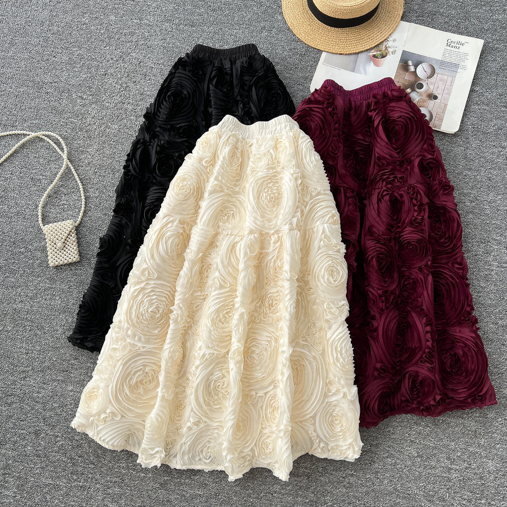 French chic floral midi skirt - high-waisted, slimming a-line design for women's spring collection