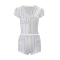 European and american style women's spring  new striped cardigan with ruffle trim short sleeve top and slim-fit shorts set