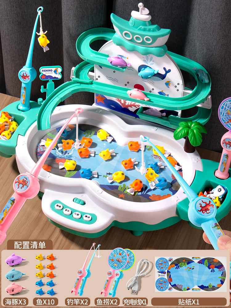 Magnetic levitation track electric fishing children's early education puzzle can add water sliding music fishing table toys boys and girls
