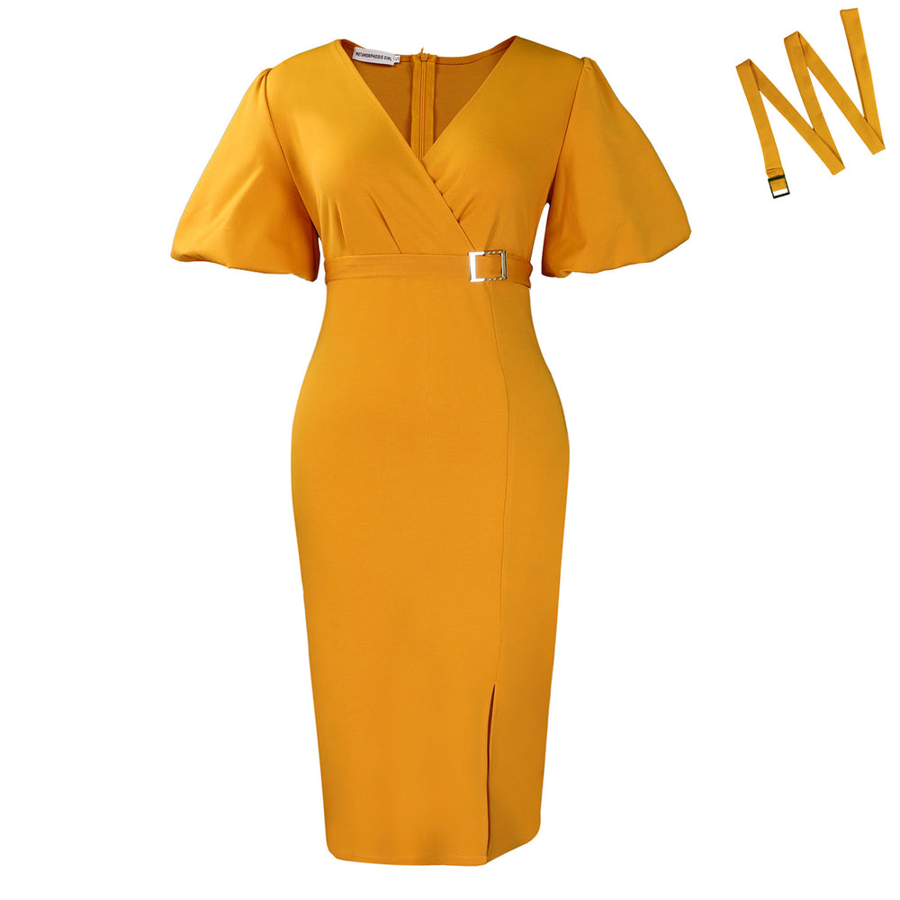 D3331export women's clothing new arrivalfashionv neck puff sleeves pure color waist slit hip-covering african dress