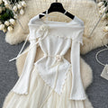 French chic floral collar long sleeve knit & mesh asymmetrical fairy dress - trendy & fluffy