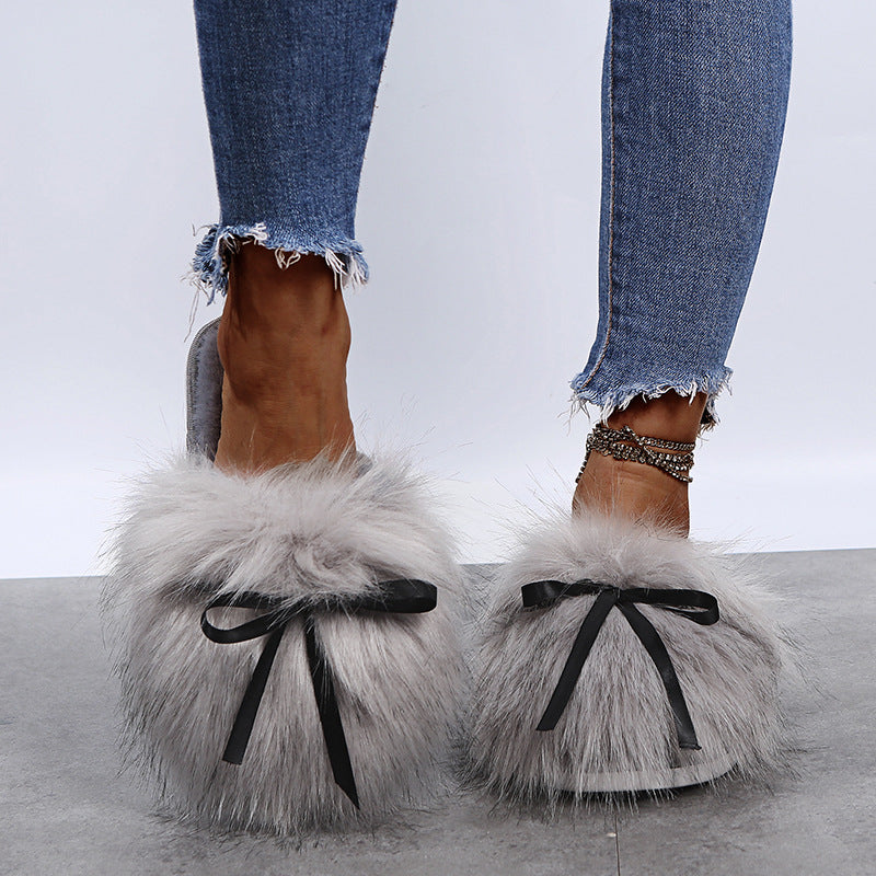Baotou furry slippers for women outwear2024fall and winternew arrivalbows imitation fox fur fairy style flats cotton slippers
