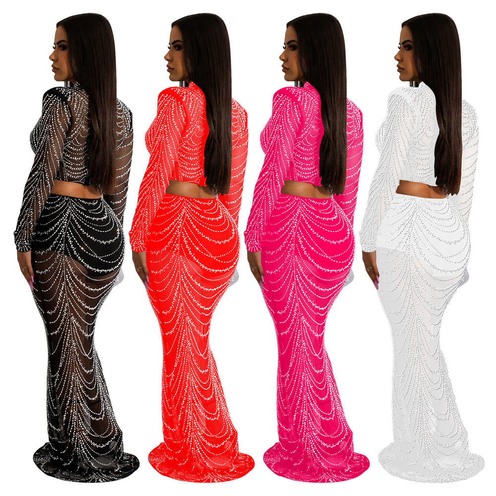 C6318 cross-border   fashion women's solid color mesh rhinestone long sleeve maxi dress two-piece set