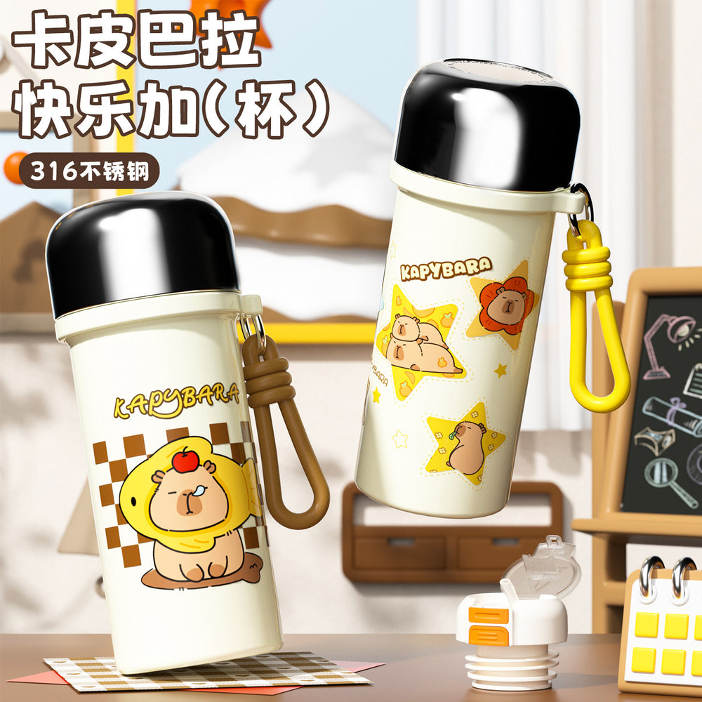 316 stainless steel high-style insulated tumbler - cute capybara design - kids' water bottle - portable handheld double-drink straw cup