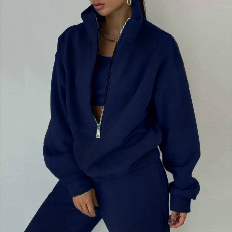 cross-border e-commerce european and american women's clothing: new summer collection - fashionable casual fleece-lined sporty zip-up hoodie set