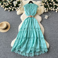 Palace retrofrenchlong dress women's fashionelegancecut outlacepatchwork sleeveless waist swing dress