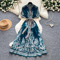 Vintage print tie-waist short sleeve elegant dress - women's summer high-waisted a-line dress - slimming, figure-flattering, work-ready maxi dress