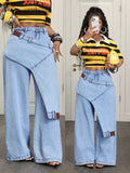 X-pre-sale-66703# cross-border fake two-piece casual versatile straight-leg women's jeans pants