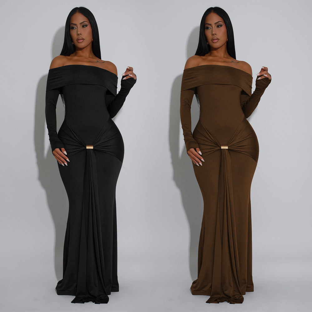 C7559 cross-border   fashion women's off-the-shoulder long sleeve metal buckle mermaid dress