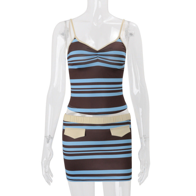 Amazon women's spring  new fashion retro striped color block cami top & sexy bodycon skirt set