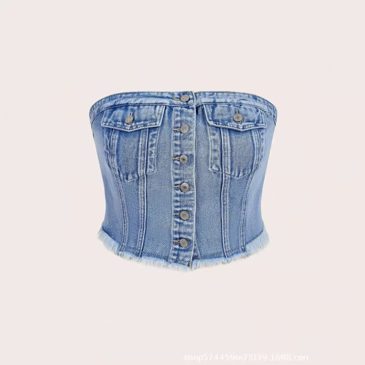 Amazon tiktok pinduoduo foreign trade cross-border fashion american retro plus size tube top denim waist top women