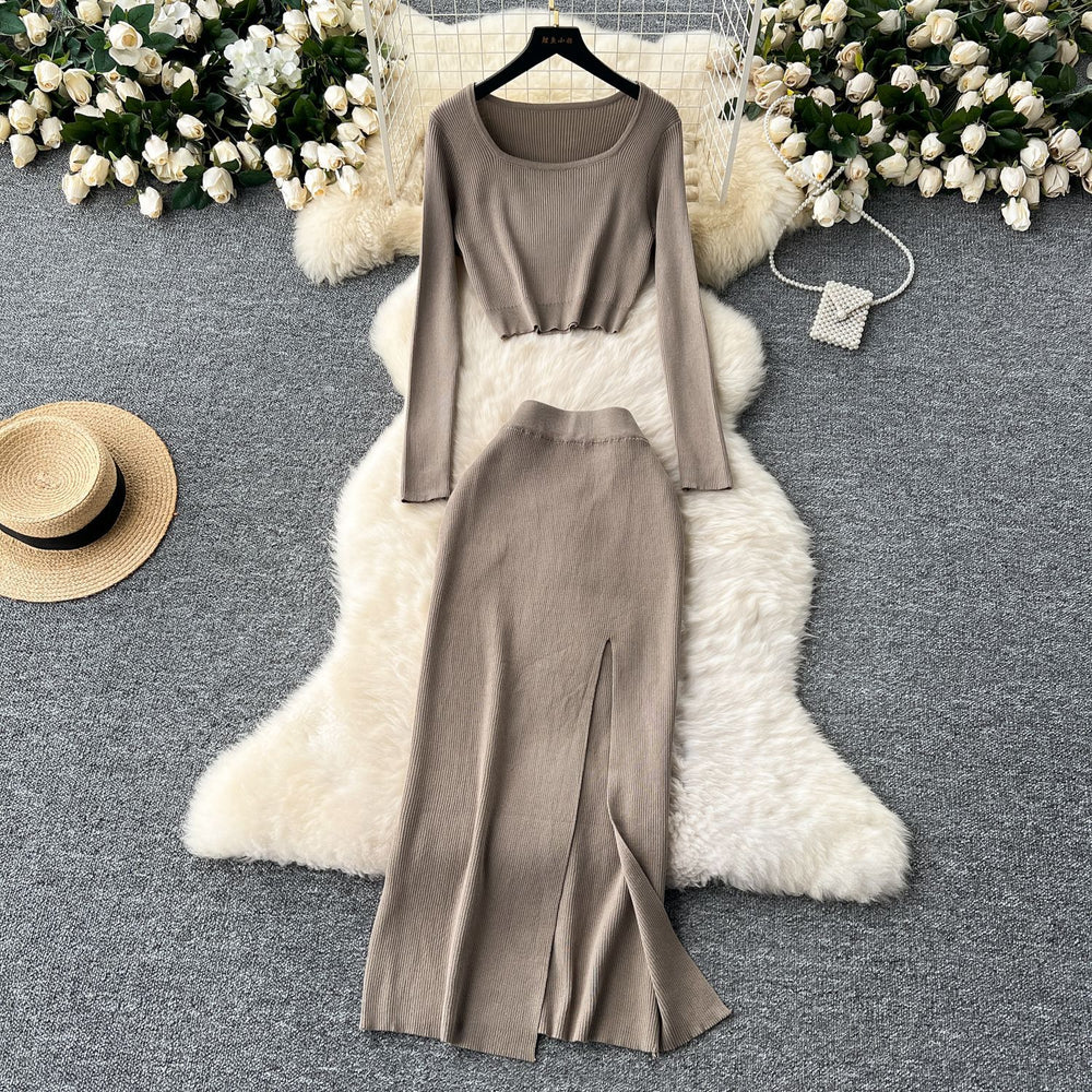 Autumn outfit set: women's chic & sexy short square neck long sleeve knit top with slit slim-fit bodycon midi skirt