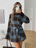 1688fashioncontrast colorplaidwoolentops lapel double breastedlooseslimming lookflared sleevesshortplaidoutwear