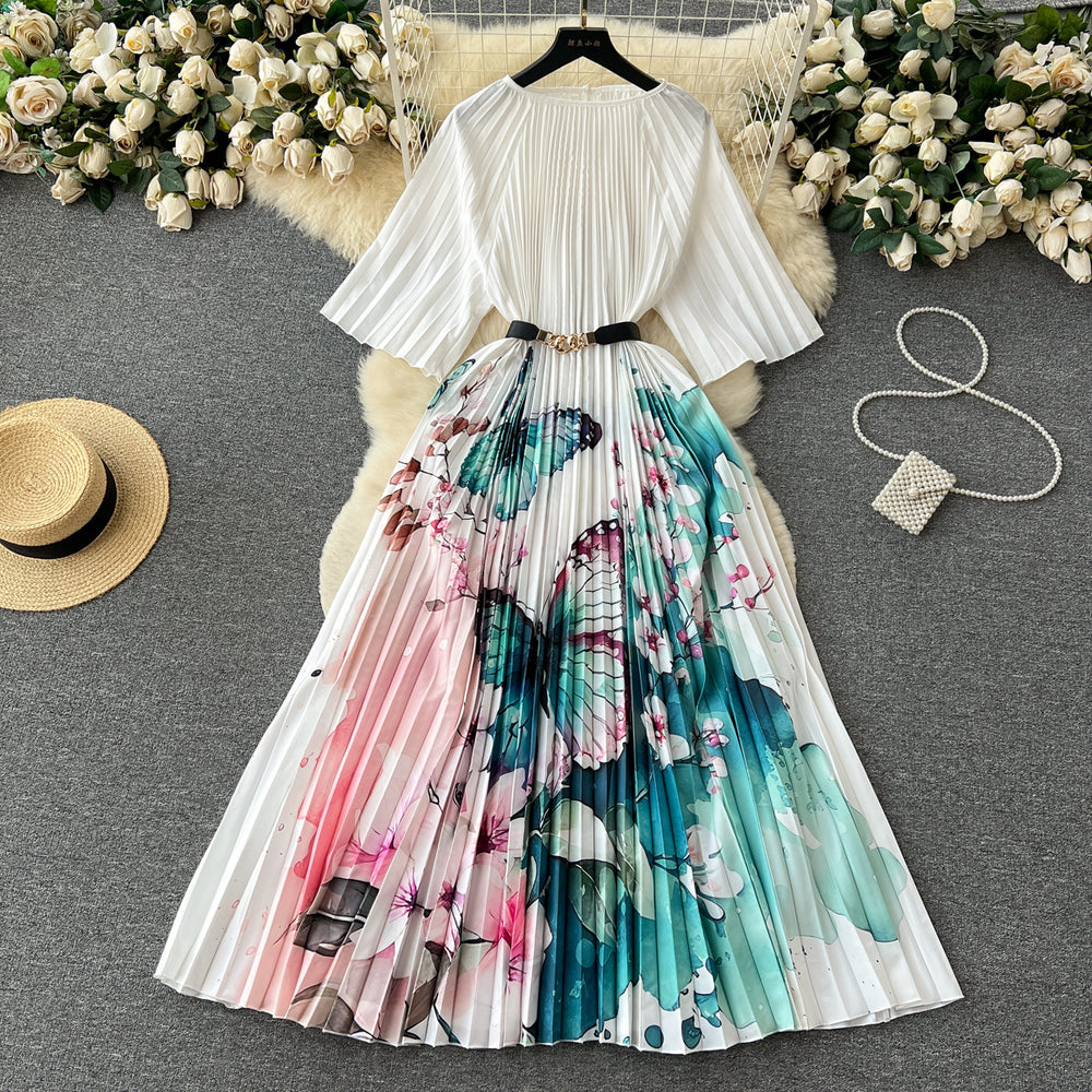 European and american retro court style design printed long dress with heavy pleating, puff sleeves, and pleated skirt - spring collection for women