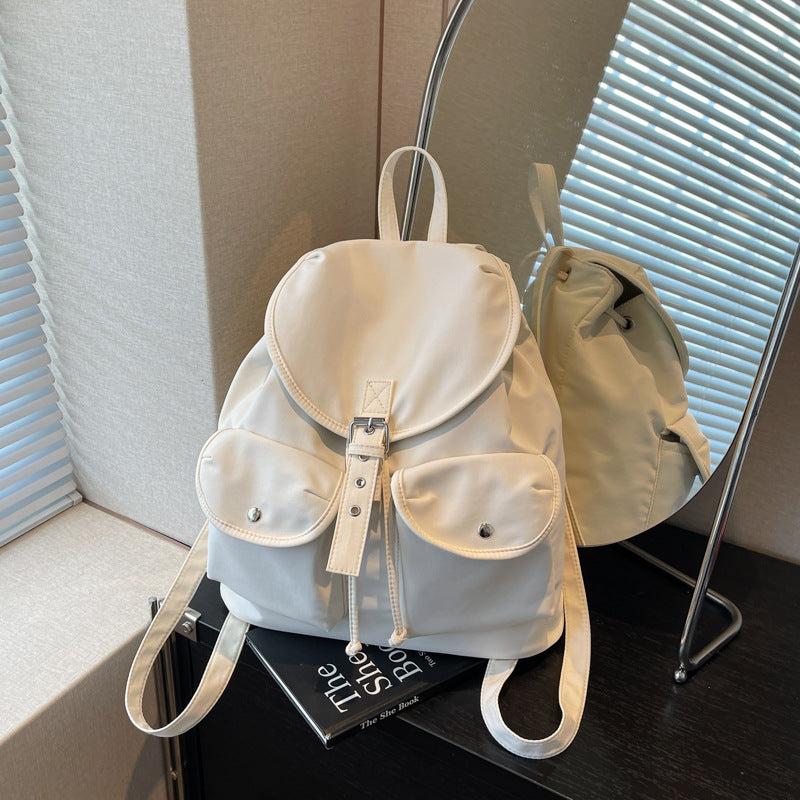 Solid color retro backpack women's 2025 new fashion travel leisure backpack double pocket college bag