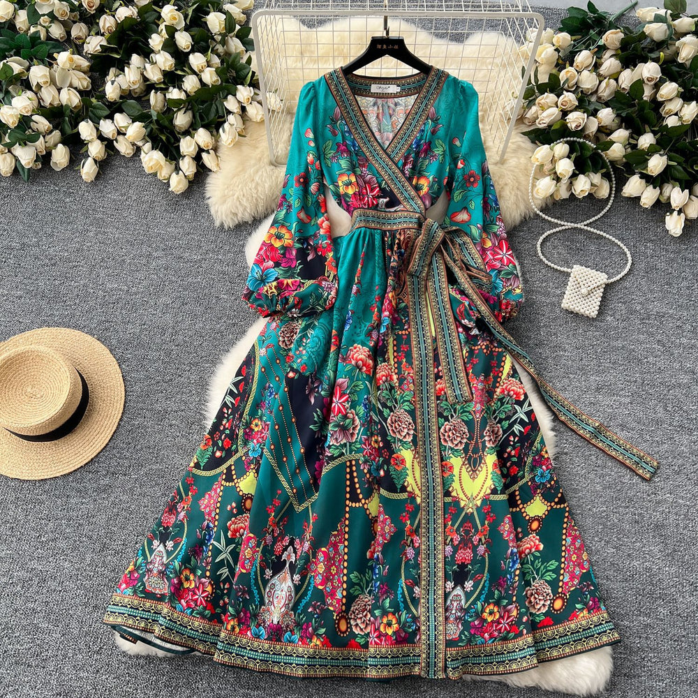 European and american retro chic fashionable printed design one-piece waist-tie wide hem long-sleeve french dress for women