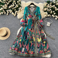 European and american retro chic fashionable printed design one-piece waist-tie wide hem long-sleeve french dress for women