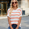 European and american new striped knit crewneck pullover -   european and american fashion color block drop shoulder short sleeve sweater for women