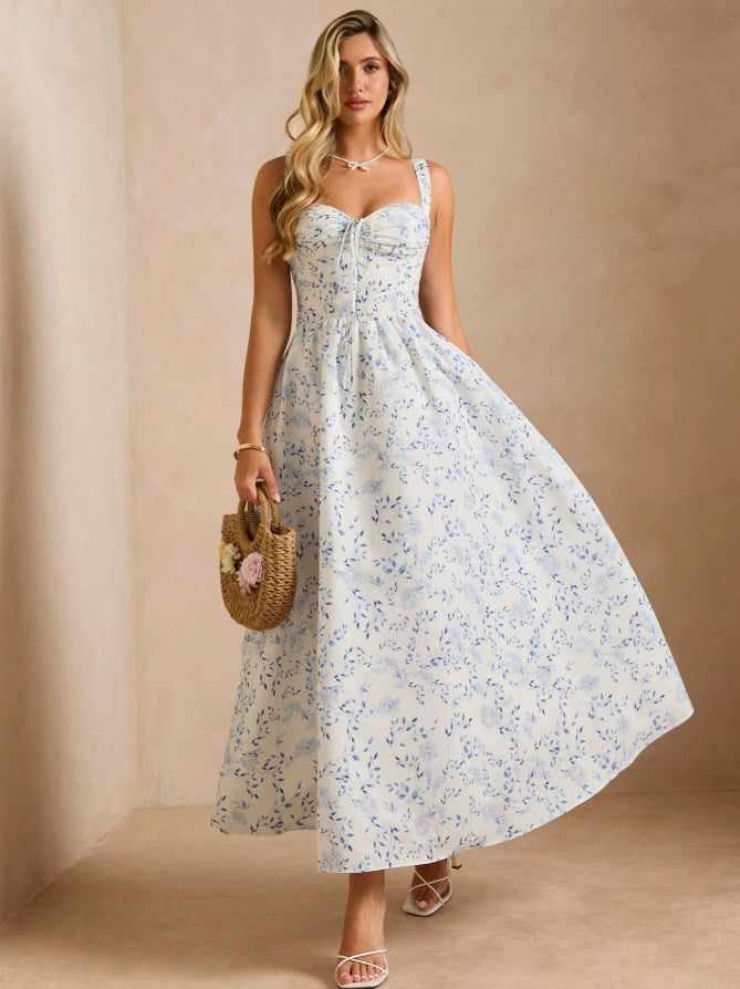 european and american cross-border french floral print a-line maxi dress